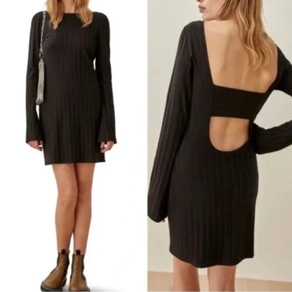 Reformation Dresses & Skirts - REFORMATION Cait Dress Open Back Long Sleeve Mini Black Size Extra Small Ribbed